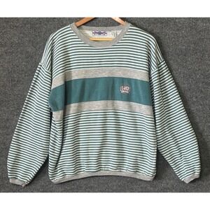 Vintage Permit Mens Striped Crewneck Sweatshirt Teal Grey White 90s Grunge Large